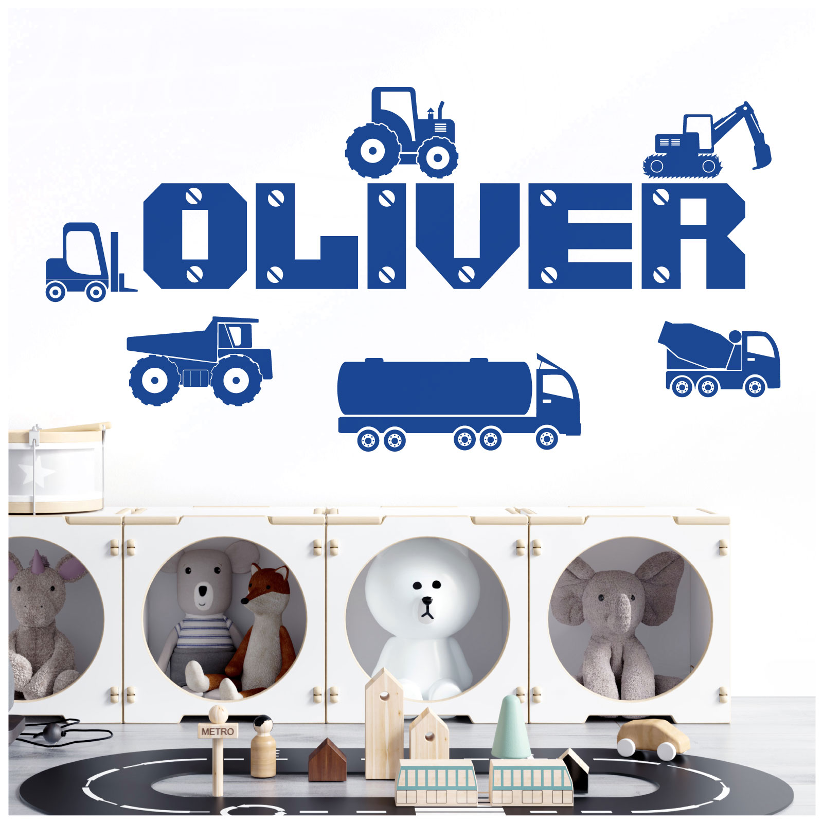 Personalised Construction Vehicles Name Wall Sticker - Boys Bedroom Vinyl Decal UK