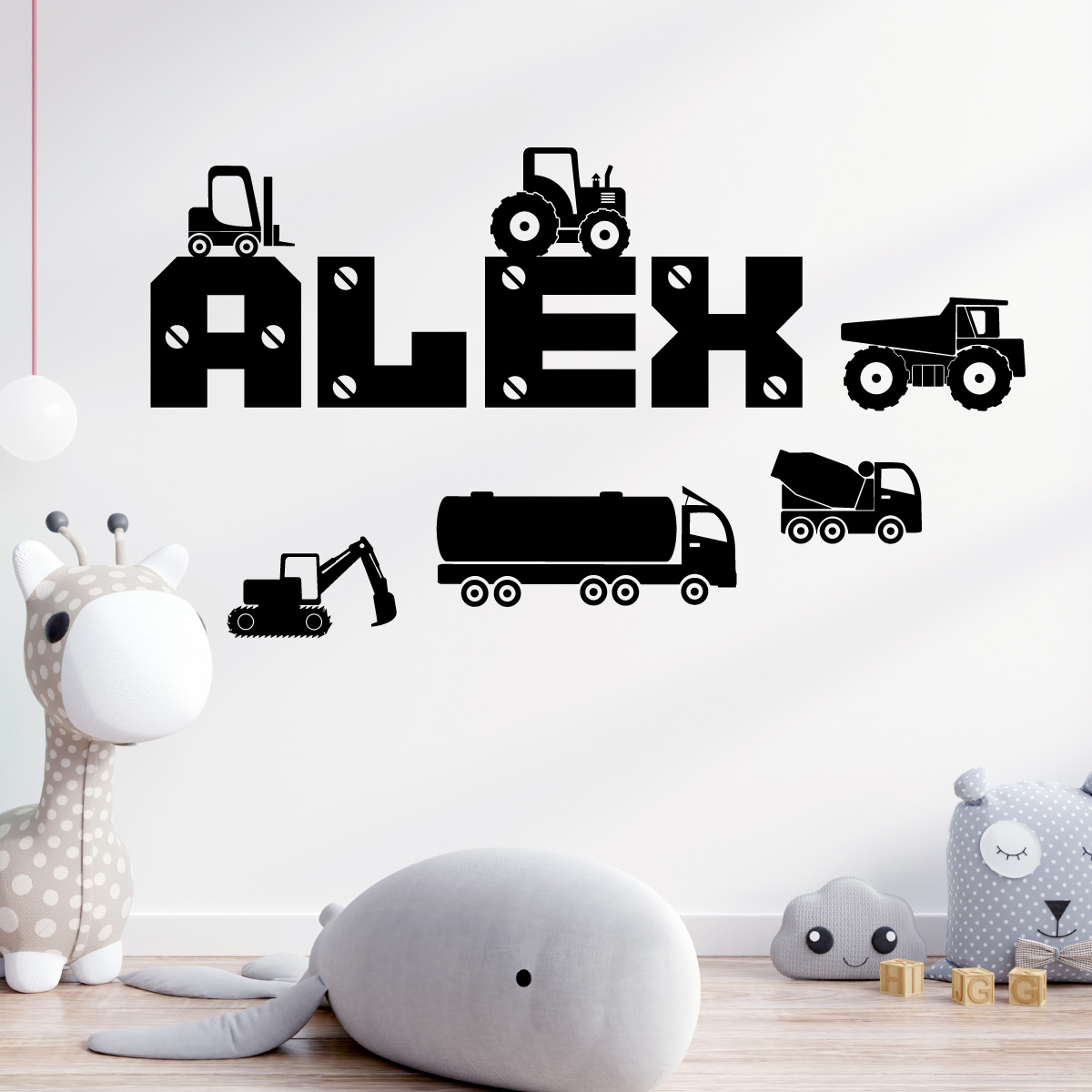 Personalised Construction Vehicles Name Wall Sticker - Boys Bedroom Vinyl Decal UK