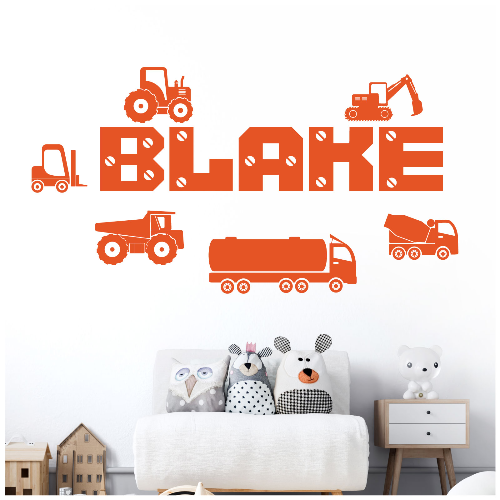 Personalised Construction Vehicles Name Wall Sticker - Boys Bedroom Vinyl Decal UK
