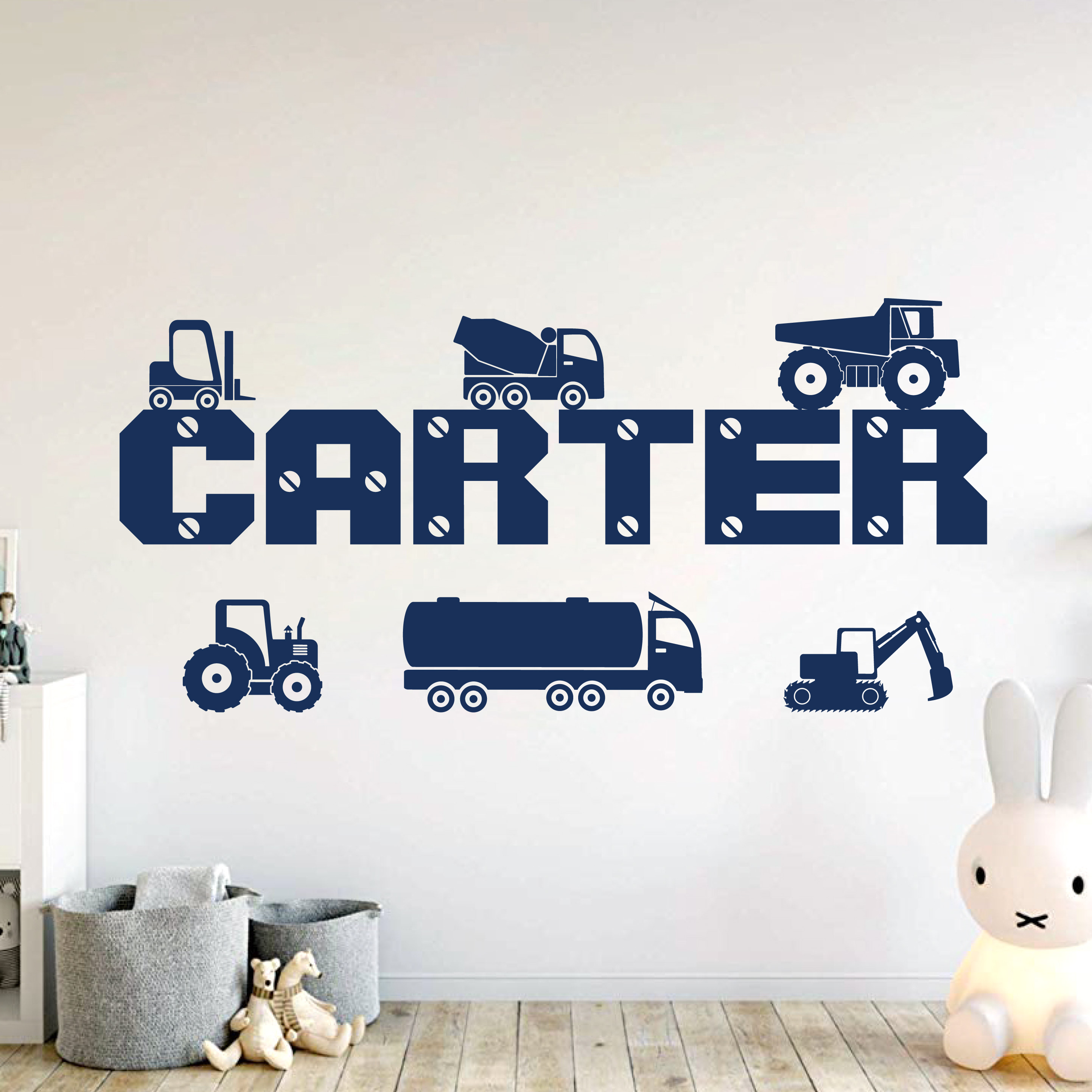 Personalised Construction Vehicles Name Wall Sticker - Boys Bedroom Vinyl Decal UK