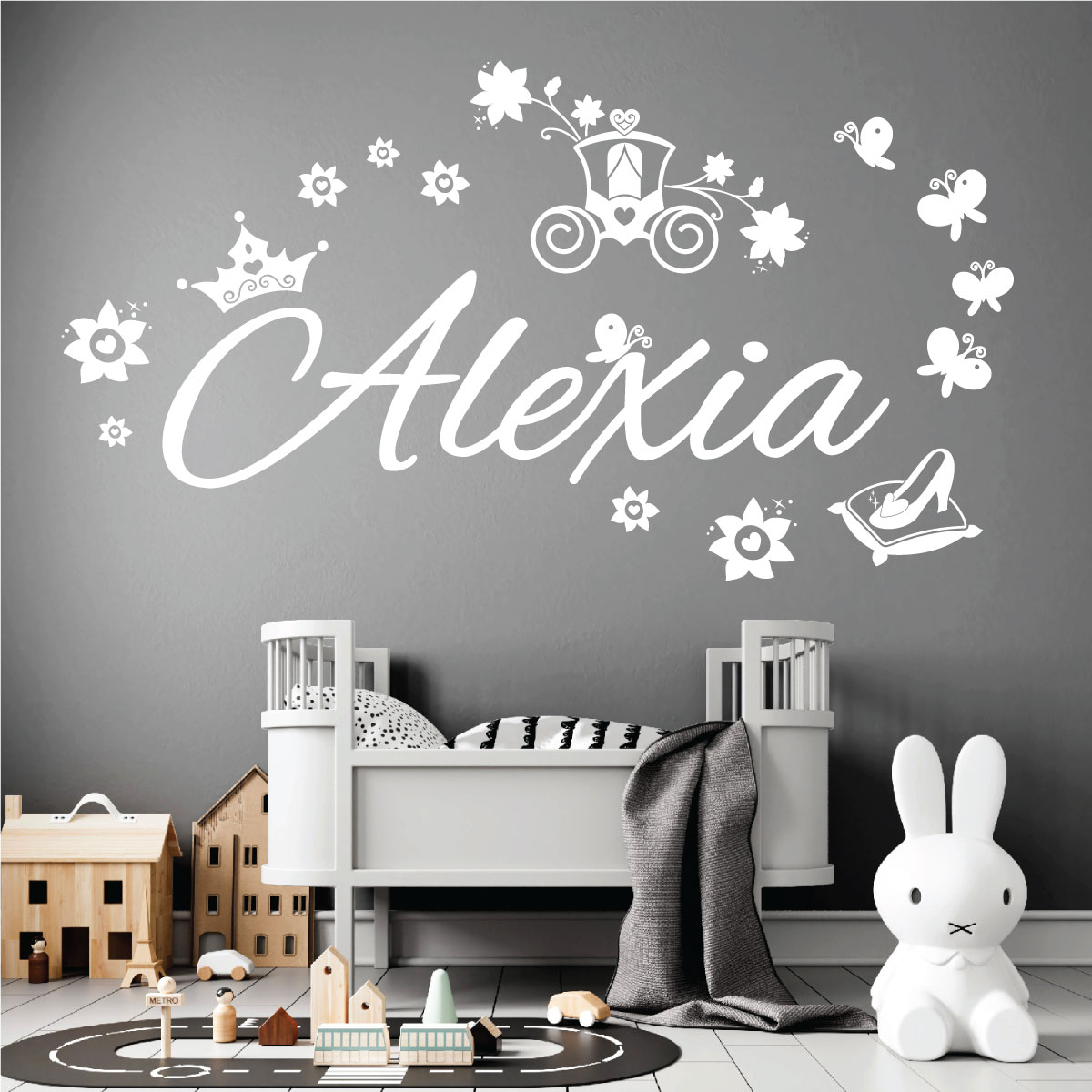Personalised Fairy Tale Carriage Name Wall Sticker - Girls Bedroom Nursery Vinyl Decal UK