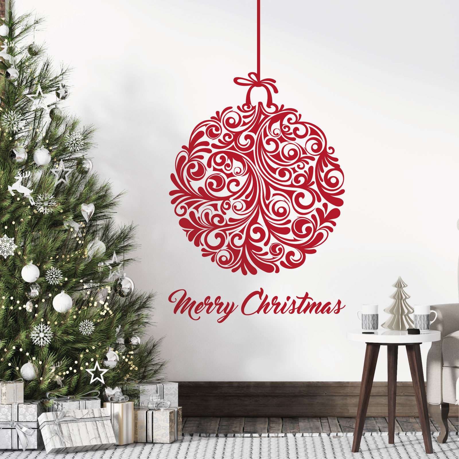 Christmas Tree Swirl Ball Wall Sticker - Festive Home Vinyl Wall Sticker UK