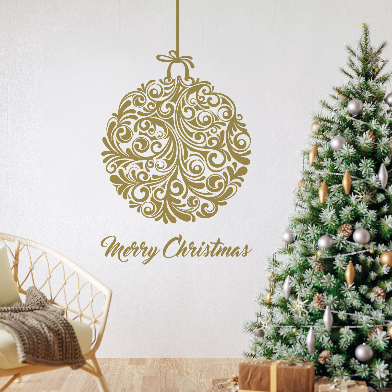 Christmas Tree Swirl Ball Wall Sticker - Festive Home Vinyl Wall Sticker UK