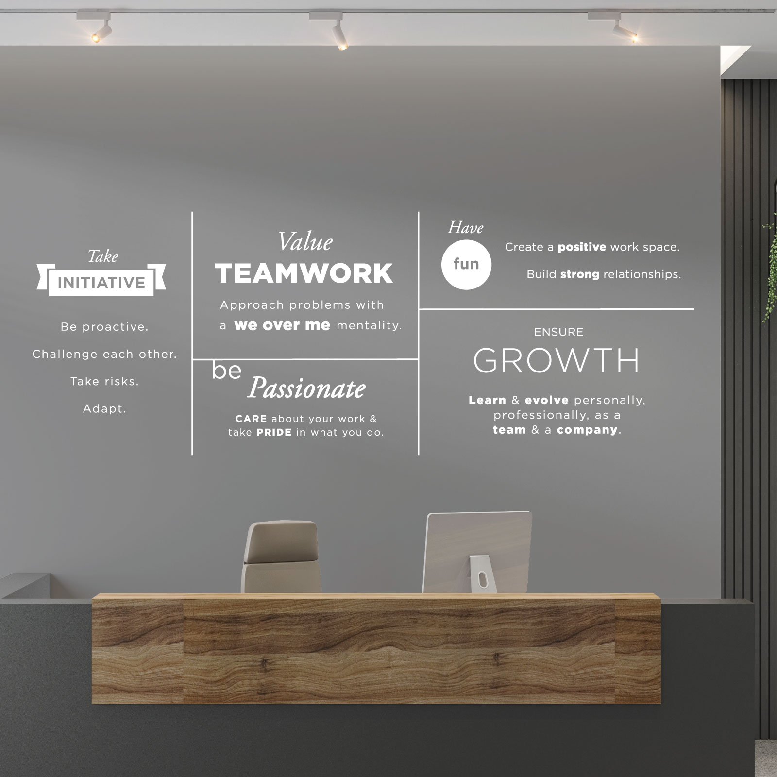 Take Initiative, Value Teamwork, Be Passionate, Ensure Growth, Have Fun - Office Motivational Vinyl Wall Sticker UK
