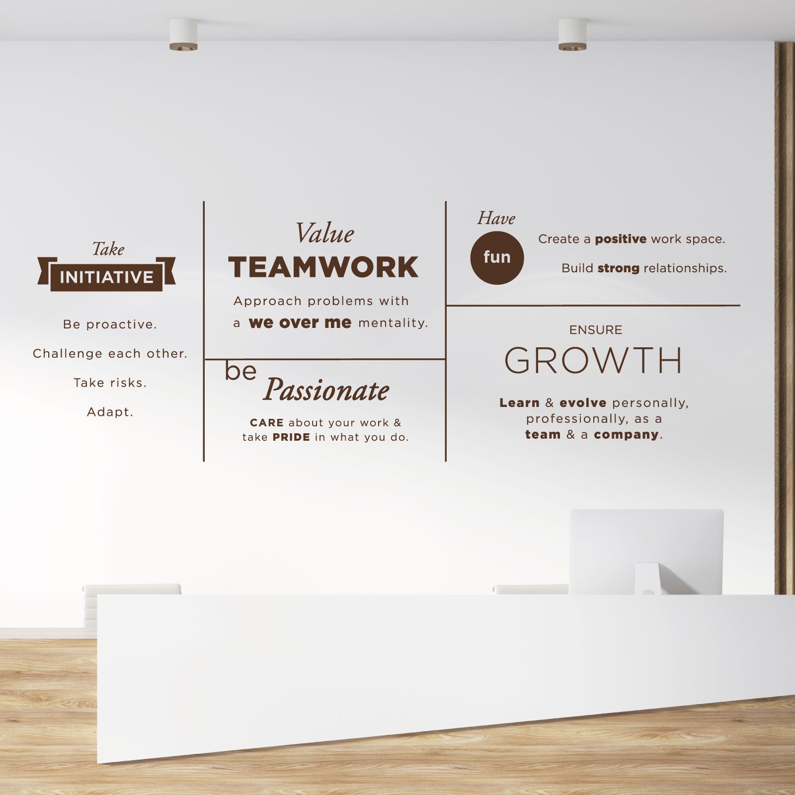 Take Initiative, Value Teamwork, Be Passionate, Ensure Growth, Have Fun - Office Motivational Vinyl Wall Sticker UK