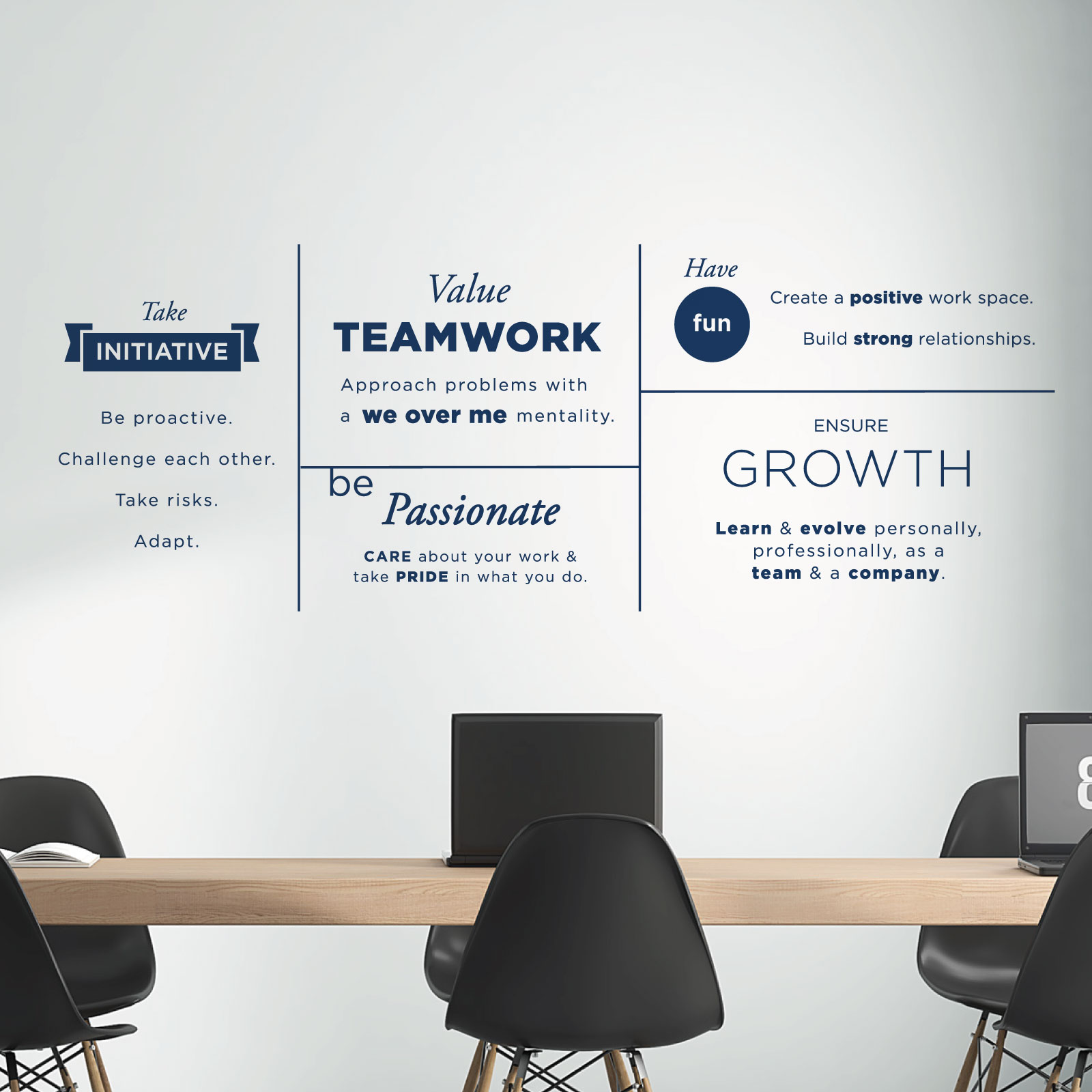 Take Initiative, Value Teamwork, Be Passionate, Ensure Growth, Have Fun - Office Motivational Vinyl Wall Sticker UK