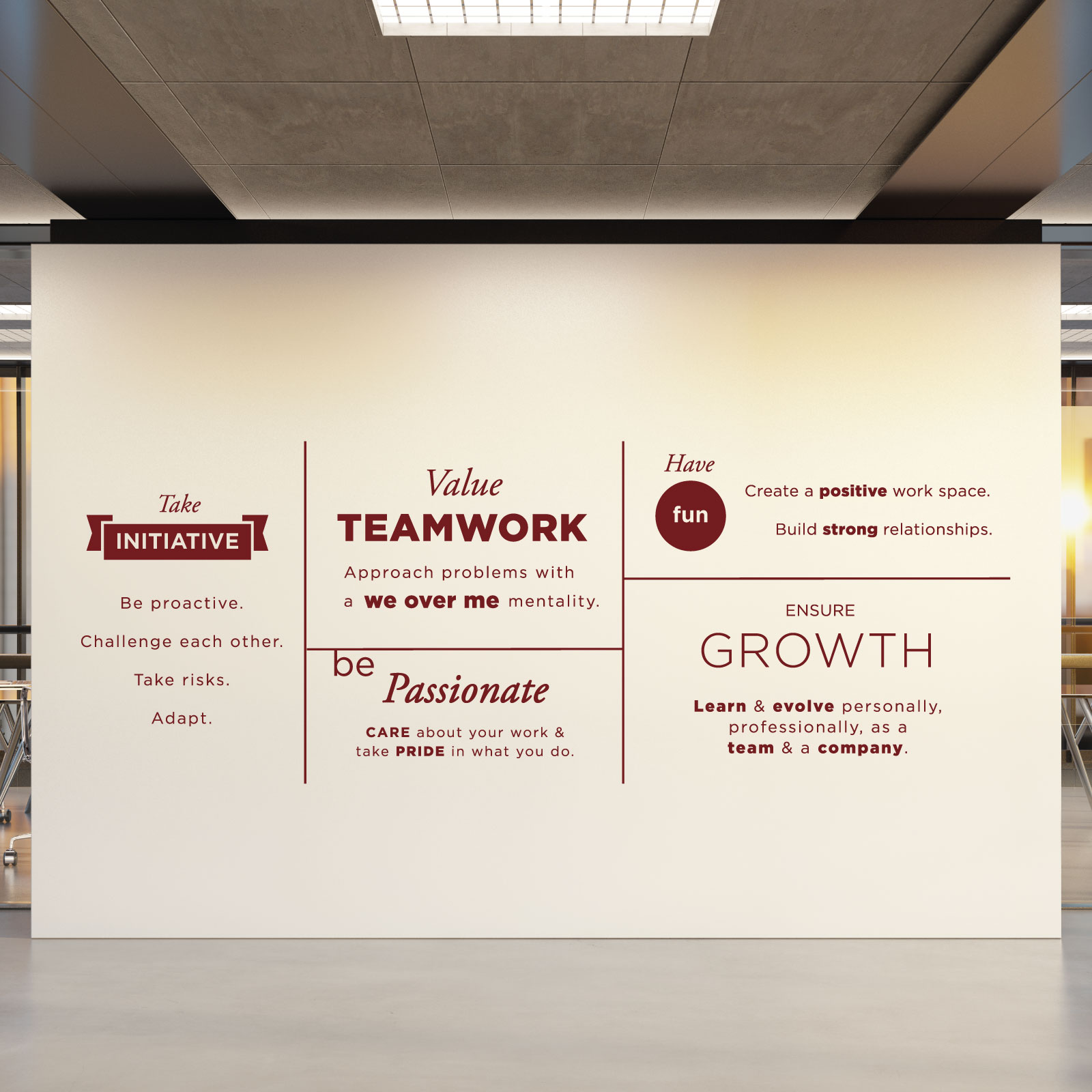 Take Initiative, Value Teamwork, Be Passionate, Ensure Growth, Have Fun - Office Motivational Vinyl Wall Sticker UK
