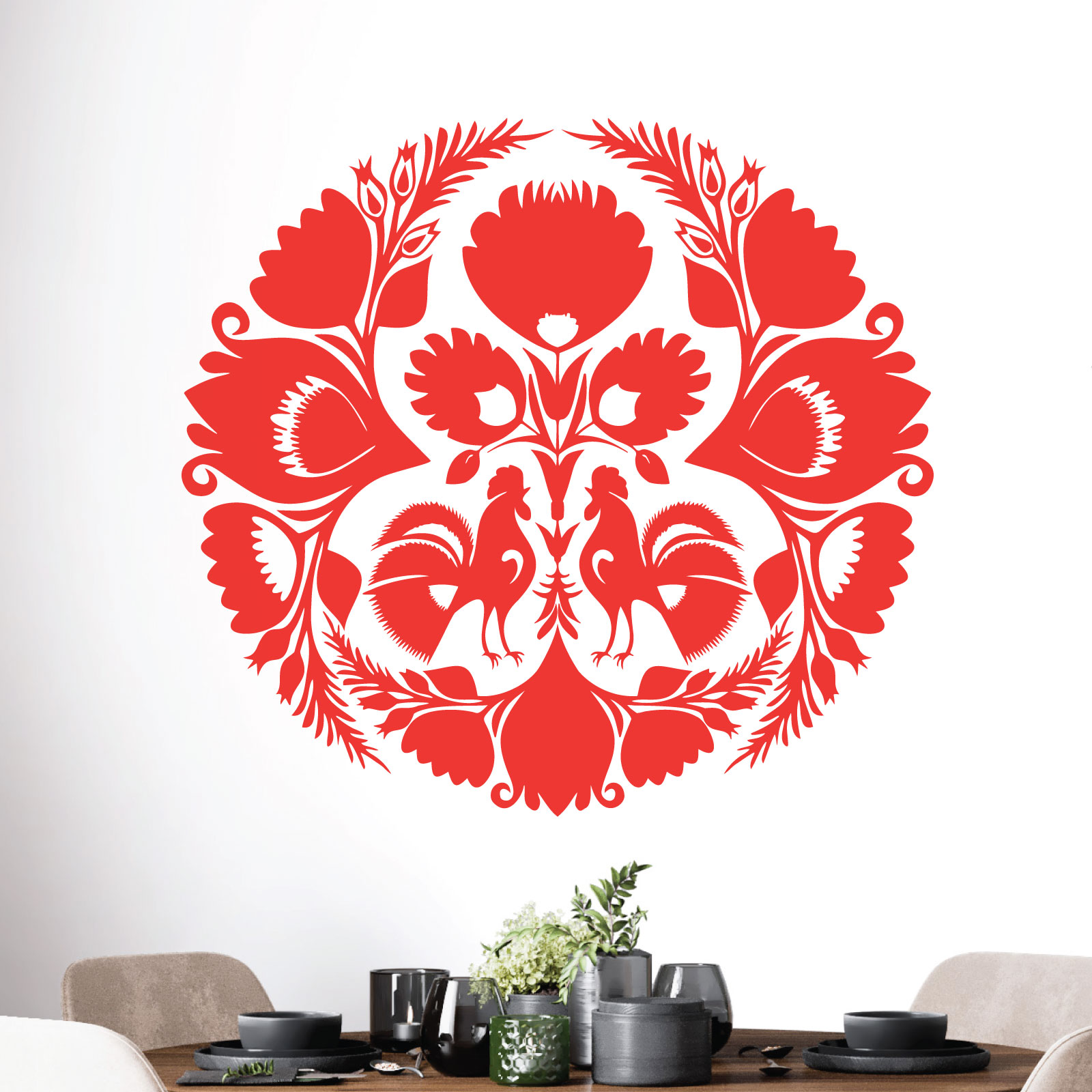 Cockerel on the Farm - Folk Decorative Art Vinyl Wall Sticker UK