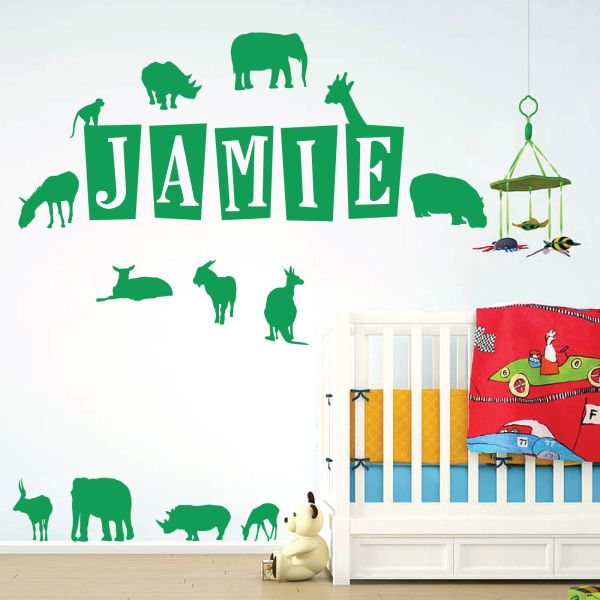 Wall Designer | Personalised Name Wall Art Sticker - Zoo Animals, Safari,  Elephant, Rhino, Giraffe, Antelope