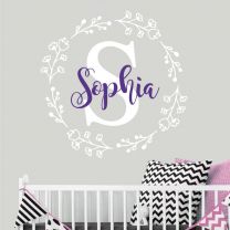 Personalised Name & Initial Floral Wreath - Nursery Wall Sticker