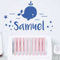 Baby Whale, Sea, Waves & Stars - Personalised Name Decal Nursery Wall Sticker