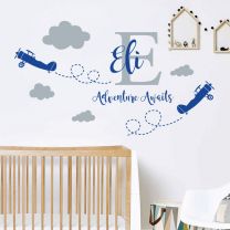 Personalised Name - Initial Letter, Clouds, Air Planes, Adventure - Children Decal Wall Sticker 