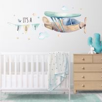 It's a Boy -  Cute Sky Scene with Airplane, Clouds & Ribbons - Nursery Children Wall Sticker