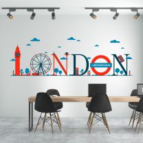 London Landmarks Landscape, Big Ben, Tube, Wheel, Bus - Wall Decal Sticker