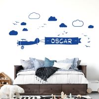 Personalised Name Airplane Wall Sticker - Plane with Ribbon, Cloudy Sky - Children's Vinyl Decal UK