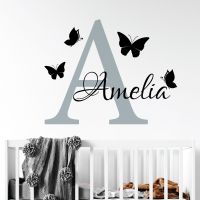 Personalised Baby Name Wall Sticker - Initial Letter and Butterflies - Nursery Custom Vinyl Decal UK