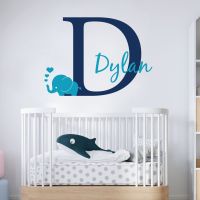 Personalised Baby Name Wall Sticker - Initial Letter, Baby Elephant - Nursery Custom Vinyl Decal UK