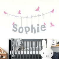 Personalised Name Wall Sticker - Hanging Letters String, Flying Birds - Nursery Vinyl Decal UK