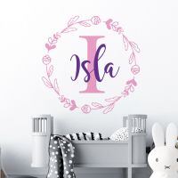 Personalised Name Initial in Floral Wreath Wall Sticker - Nursery Vinyl Decal UK