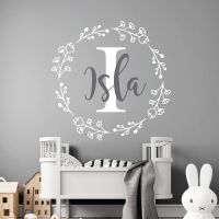 Personalised Name and Initial Floral Wreath Wall Sticker - Nursery Vinyl Decal UK