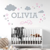Personalised Name Elephant Wall Sticker - Clouds and Stars - Baby Nursery Vinyl Decal UK