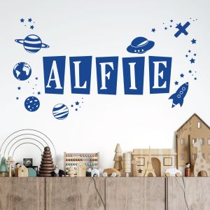 Personalised Name Space Theme Wall Sticker - Planets, Rocket, UFO - Children's Vinyl Decal UK