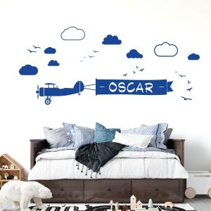 Personalised Name Airplane Wall Sticker - Plane with Ribbon, Cloudy Sky - Children's Vinyl Decal UK