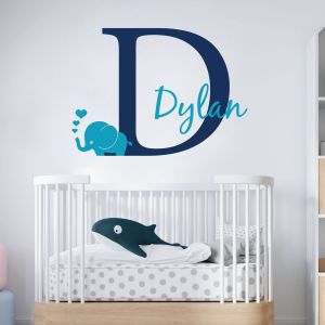 Personalised Baby Name Wall Sticker - Initial Letter, Baby Elephant - Nursery Custom Vinyl Decal UK
