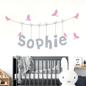 Personalised Name Wall Sticker - Hanging Letters String, Flying Birds - Nursery Vinyl Decal UK