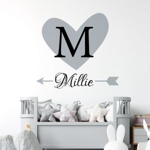 Personalised Name Heart and Arrow Wall Sticker - Initial Letter - Nursery Vinyl Decal UK