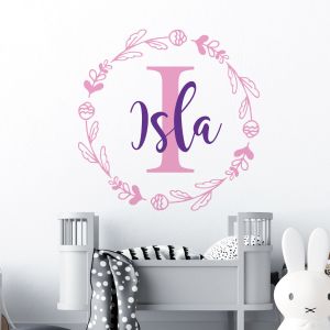 Personalised Name Initial in Floral Wreath Wall Sticker - Nursery Vinyl Decal UK