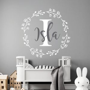 Personalised Name and Initial Floral Wreath Wall Sticker - Nursery Vinyl Decal UK