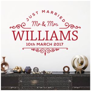 Personalised Mr and Mrs Just Married Wall Sticker - Family Name, Wedding Date - Vinyl Decal UK