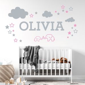 Personalised Name Elephant Wall Sticker - Clouds and Stars - Baby Nursery Vinyl Decal UK