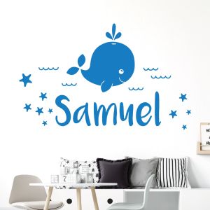 Personalised Name Baby Whale Wall Sticker - Sea, Waves and Stars - Nursery Vinyl Decal UK