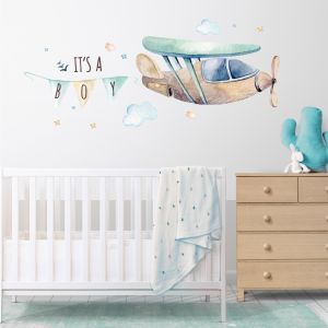 It's a Boy -  Cute Sky Scene with Airplane, Clouds & Ribbons - Nursery Children Wall Sticker