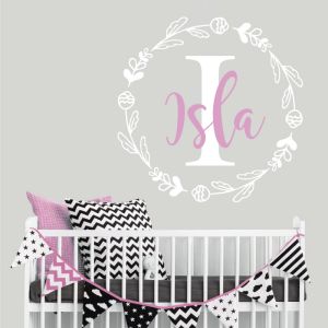 Personalised Name with Initial in Floral Wreath - Nursery Wall Sticker