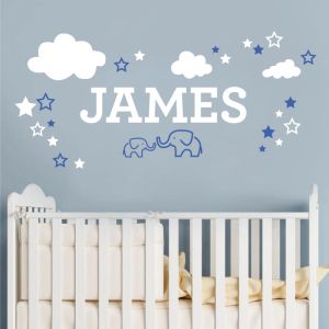 Elephants, Clouds & Stars - Personalised Name Nursery Wall Sticker
