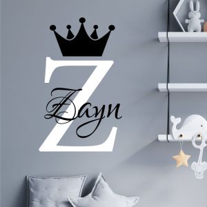 Personalised Name Baby Prince Princess Decal Wall Sticker - Initial Letter Crown