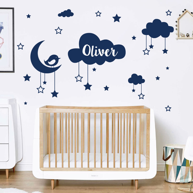 Personalised Name Baby Wall Sticker Clouds Stars Moon Bird - Design Your Own Wall Sticker Uk
